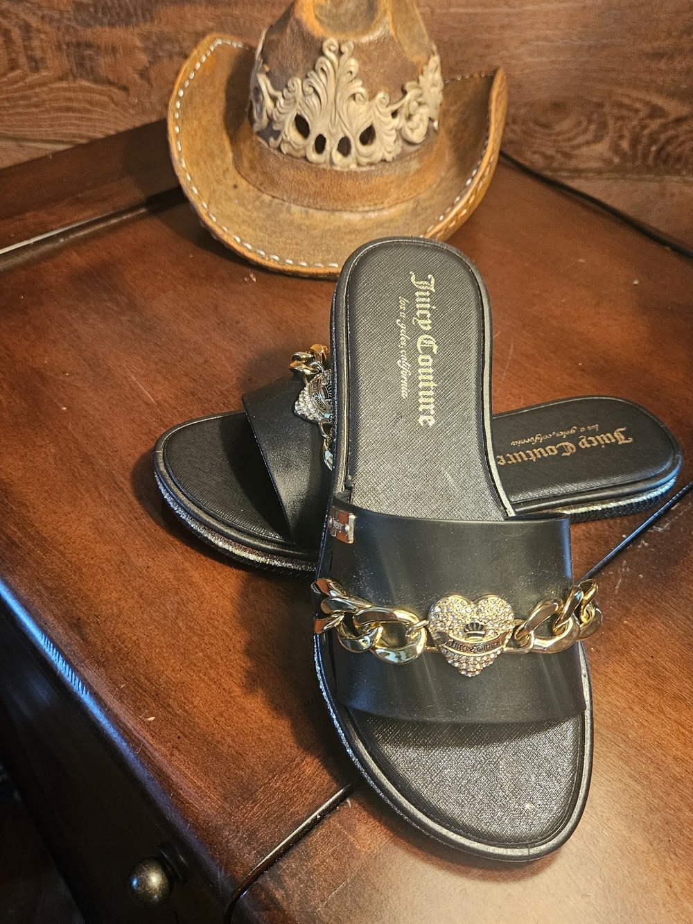 Juicy Couture Women’s Black Slide Sandals with Gold Chain Heart And Silver Edge